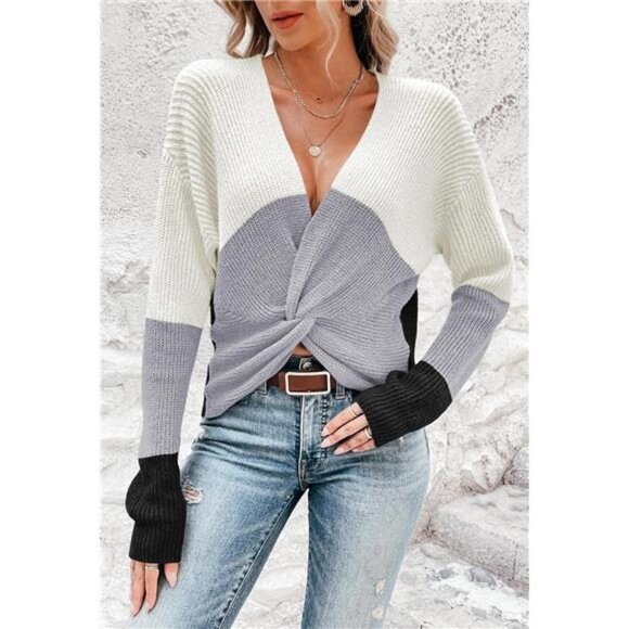 Gray Colorblock Chunky‎ Knit Pullover Sweater V Neck Twisted Knot Sweater Top - Picture 3 of 7